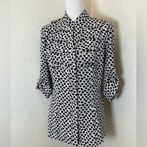 Kathy Che Button Up Blouse Top Polka‎ Dot 3/4 Fold Sleeve White Black Size M